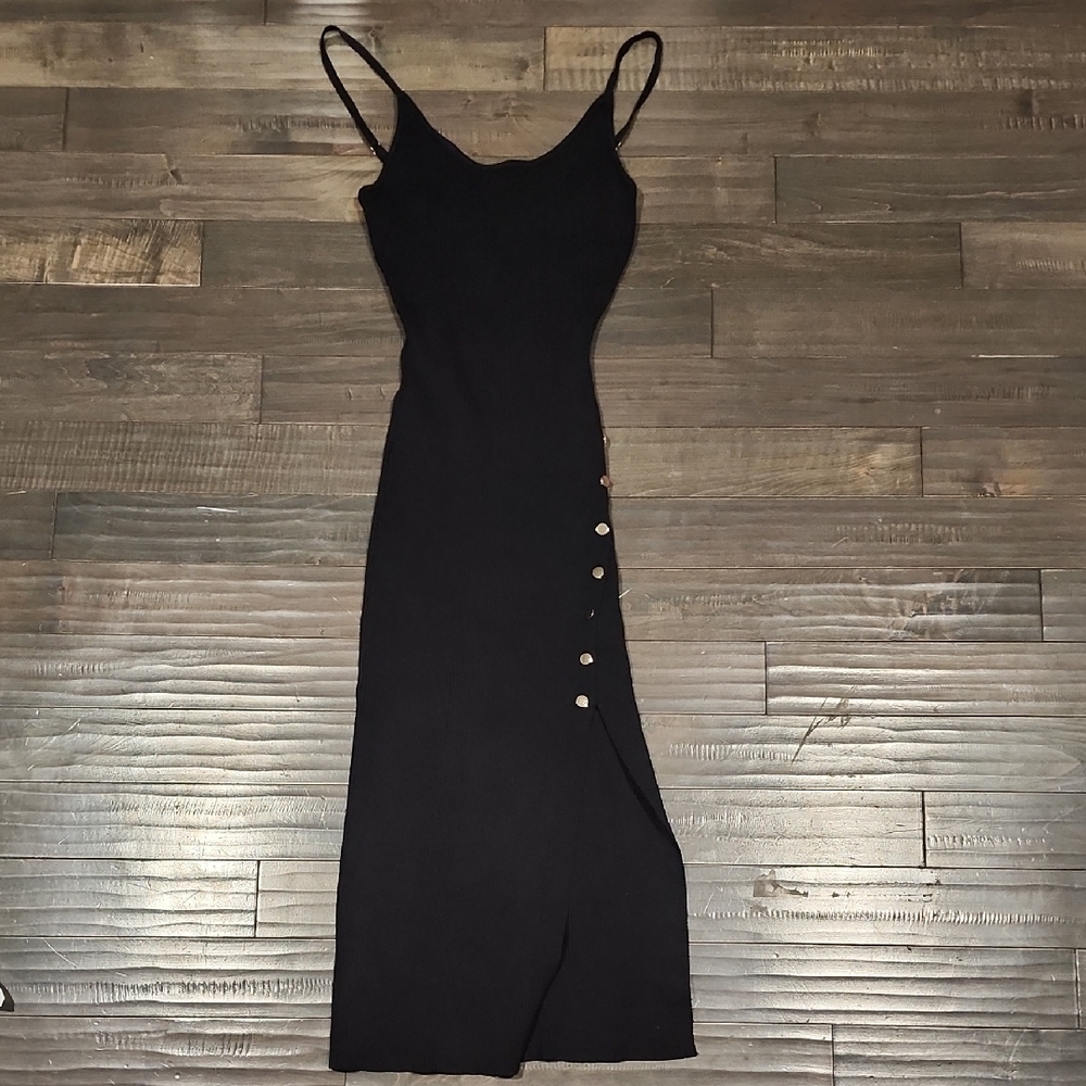 Black Rib Slip Dress with Side Button Detail